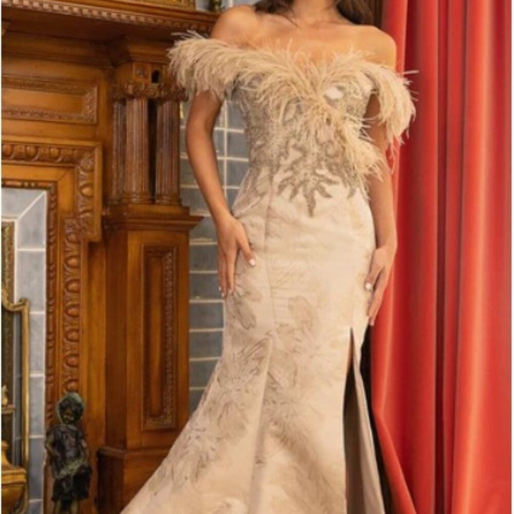 Terani Couture Strapless Feather-Trim Evening Gown in Champagne Blush